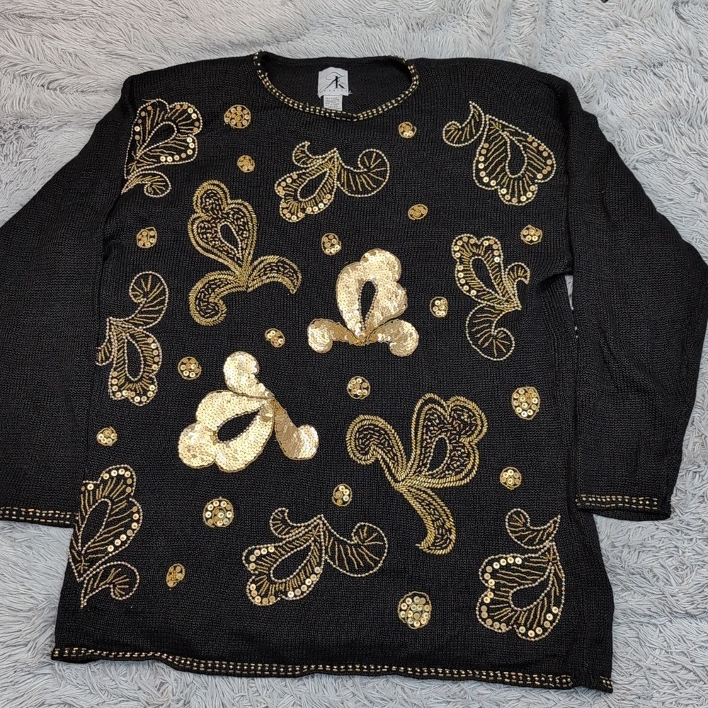 Vintage JK America Sweater‎ 18 20 Black Open Knit Stretch Casual Cozy Beaded